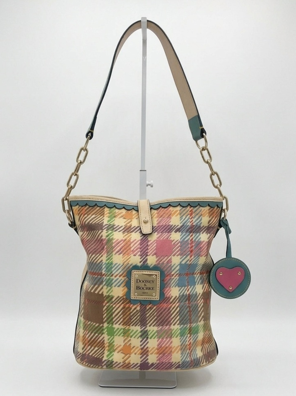 Dooney & Bourke Y2K Vintage Pastel Rainbow Tartan Plaid Bucket Bag Scalloped